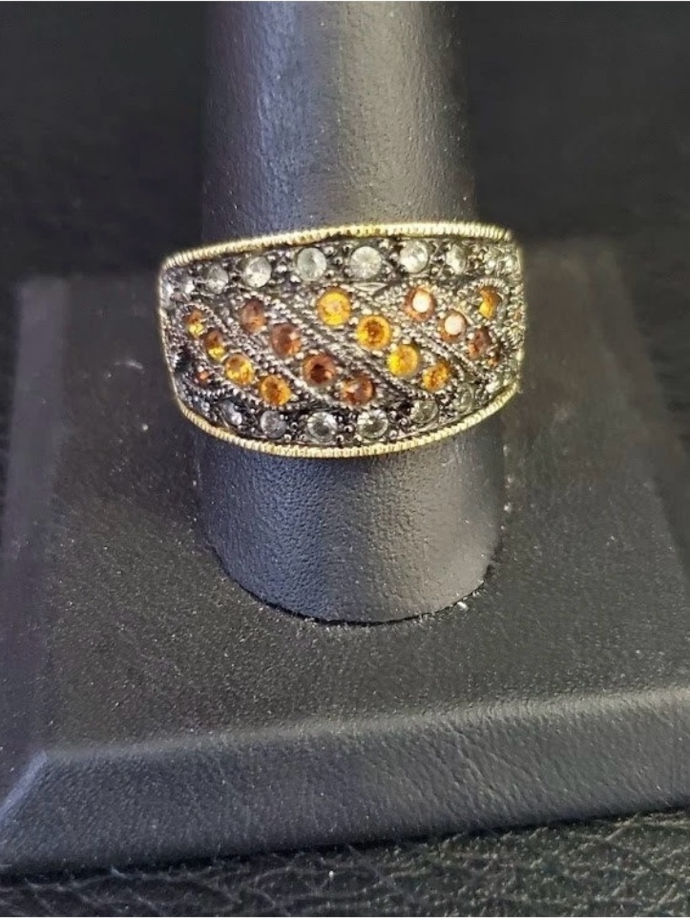Vintage-Inspired Gold Tone Band Ring with Amber and Gray Crystals